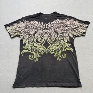 Affliction Graphic T-Shirt Men's Medium Black Wings Fleur-De-Lis Distressed Y2K